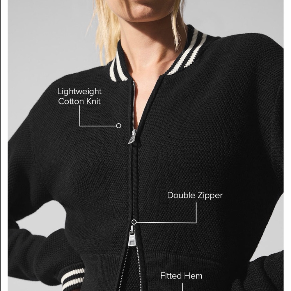 ALO Yoga Tennis Club sweater knit full zip jacket. Black/Ivory.